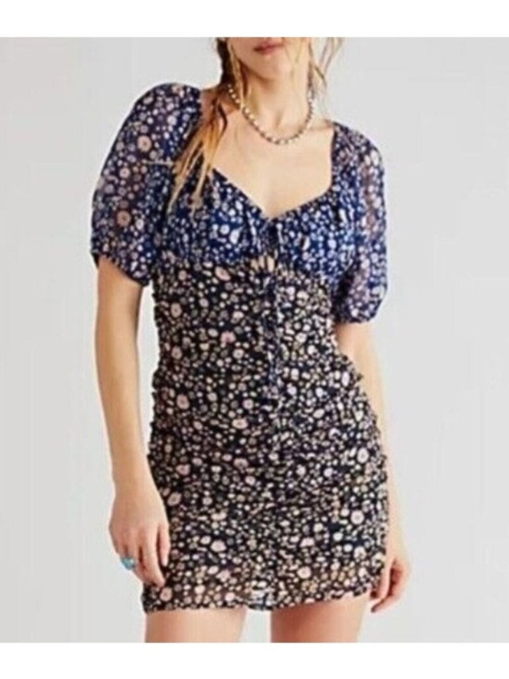 Free People Navy Floral Puff-Sleeve Mini Dress
